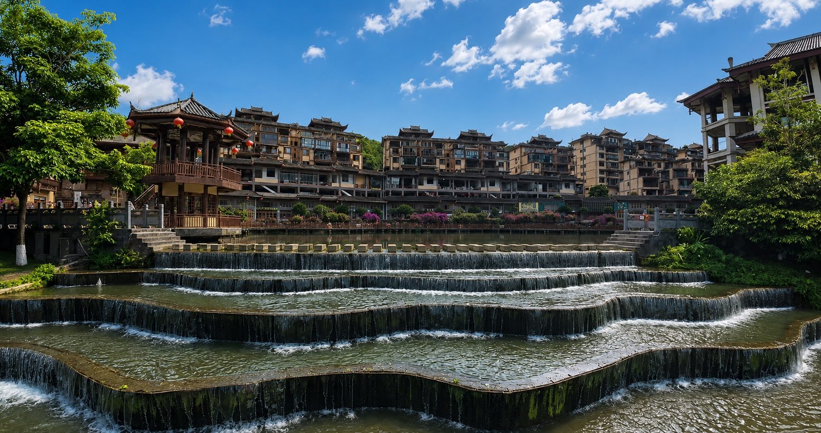 滴水苗城·悦水寨水岸叠瀑与建筑群